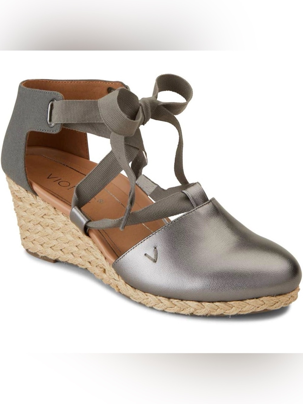 Vionic Kaitlyn Lace Up Wedge Espadrille Sandals in a metallic pewter/silver gray